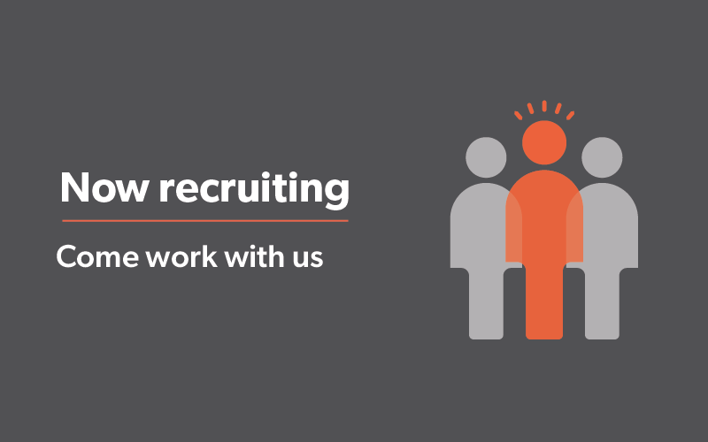 Graphics of three people with text saying now recruiting come work with us