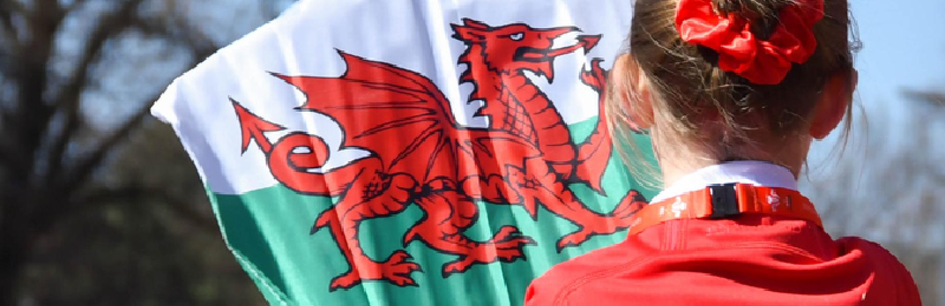Young girl in red top holding the Welsh flag